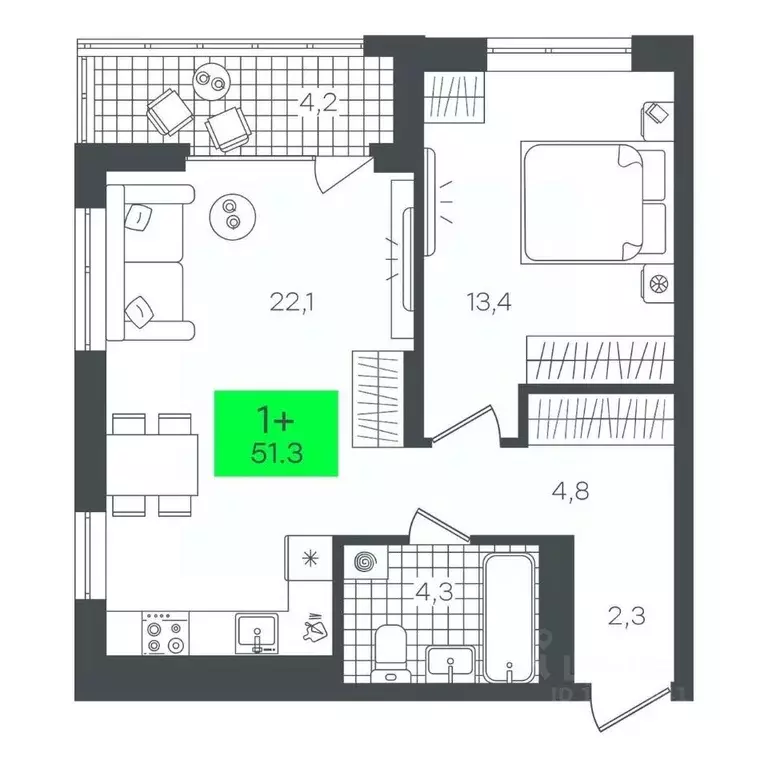 1-к кв. Тюменская область, Тюмень ул. Николая Глебова, 10 (51.38 м) - Фото 0