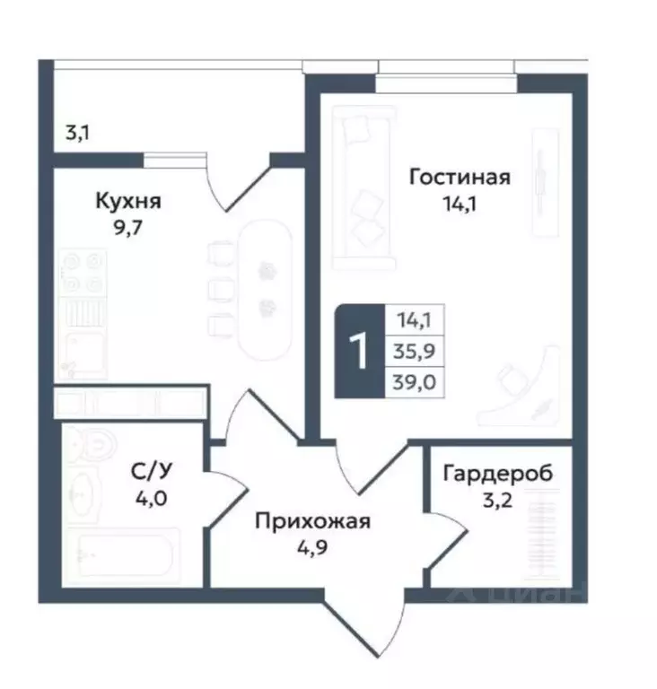 1-к кв. Ставропольский край, Ставрополь ул. Андрея Голуба, 11Б (39.0 ... - Фото 1