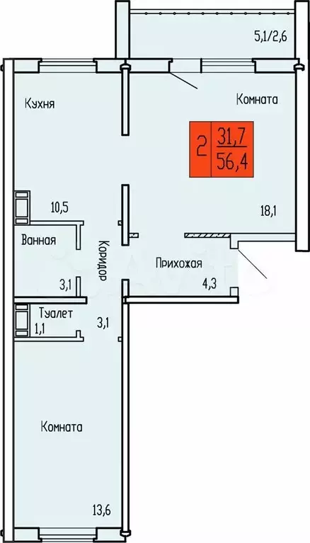 2-к. квартира, 56,4 м, 4/10 эт. - Фото 0