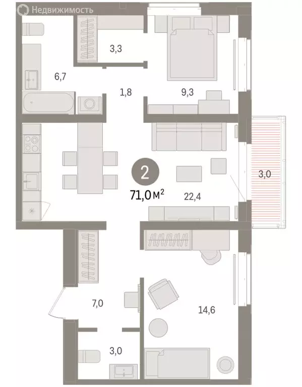 2-комнатная квартира: Тюмень, жилой комплекс На Минской (71.02 м) - Фото 1