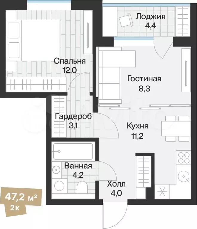 1-к. квартира, 45 м, 4/4 эт. - Фото 0