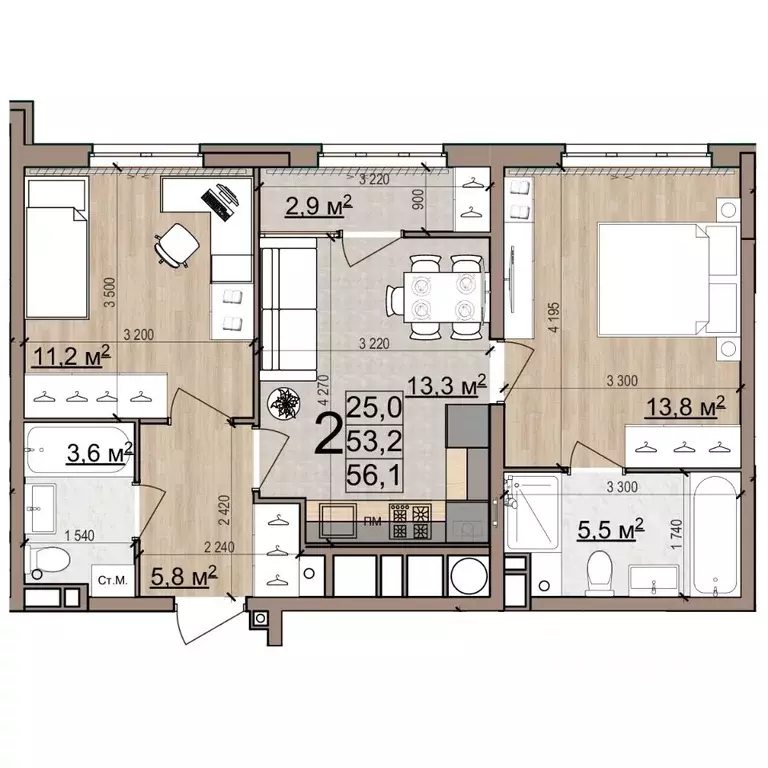 2-к кв. Рязанская область, Рязань Еврокласс жилой комплекс (56.1 м) - Фото 1