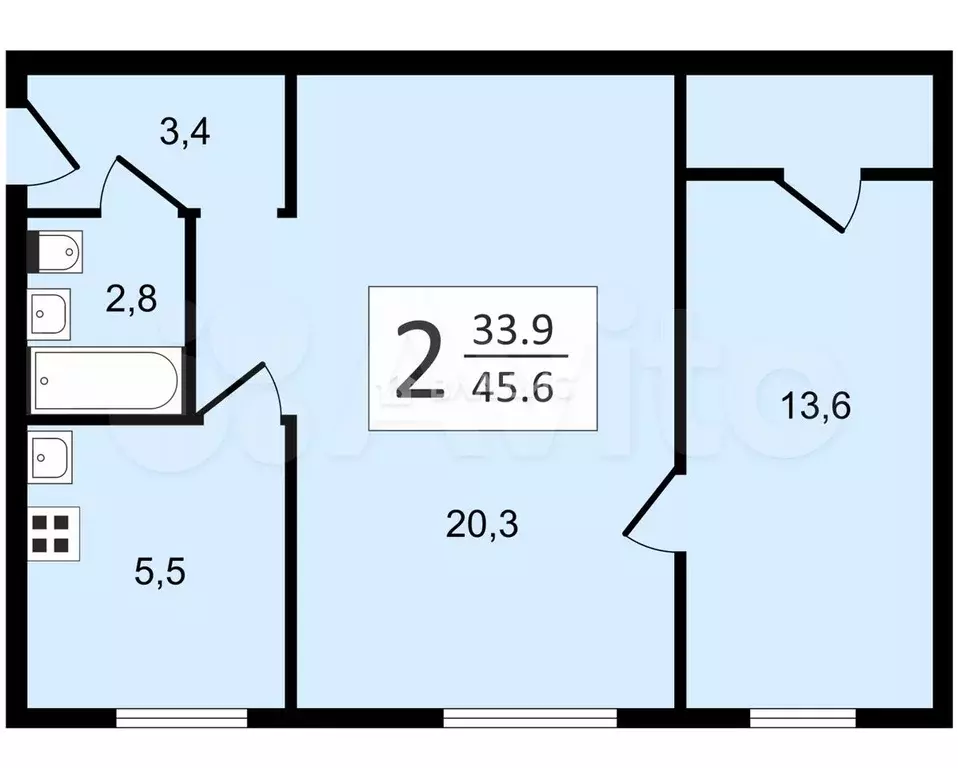 2-к. квартира, 45,5 м, 1/5 эт. - Фото 0