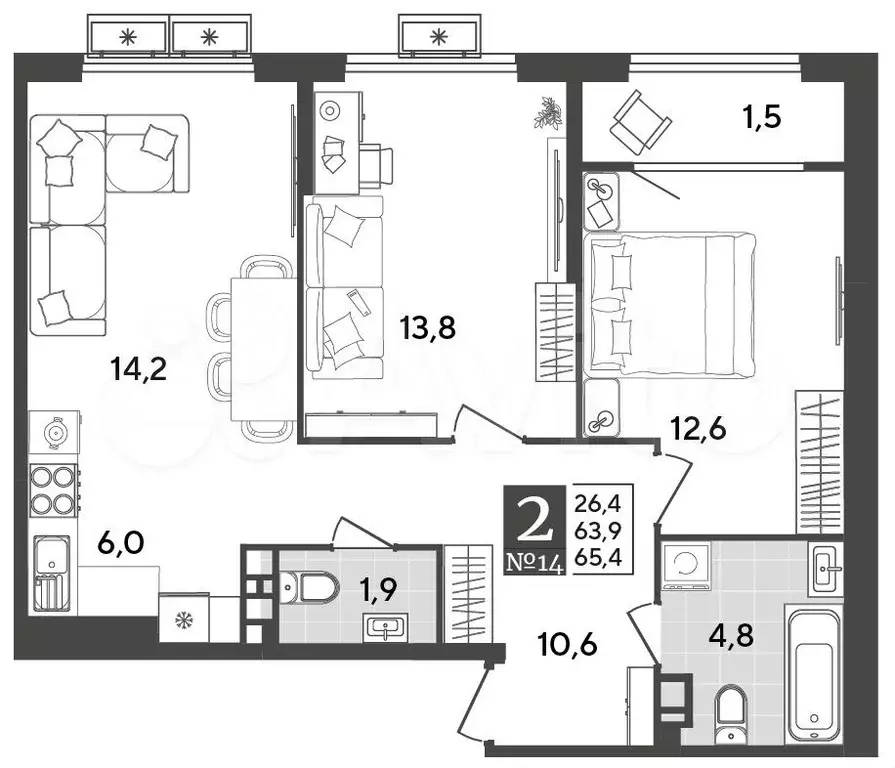 2-к. квартира, 65,4 м, 4/9 эт. - Фото 1