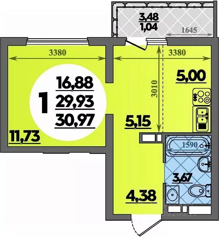 Студия Адыгея, Майкоп  (30.97 м) - Фото 1