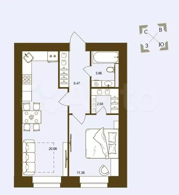 1-к. квартира, 44,5 м, 13/16 эт. - Фото 0