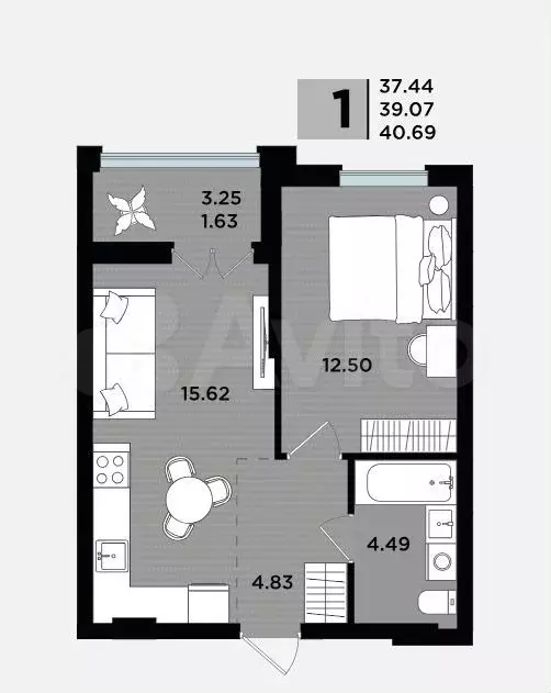 1-к. квартира, 39,1 м, 4/5 эт. - Фото 1