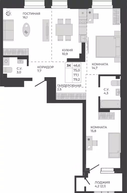 3-к кв. Алтайский край, Барнаул тракт Павловский, 251Б (77.1 м) - Фото 1