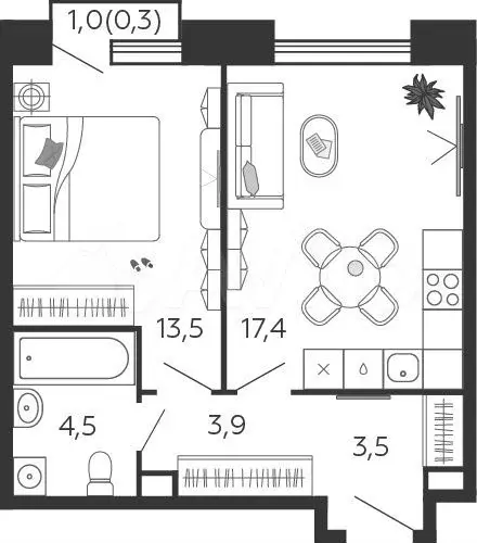 1-к. квартира, 43,1м, 6/12эт. - Фото 0