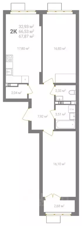 2-к кв. Нижегородская область, Нижний Новгород Ветеринарная ул. (67.87 ... - Фото 2