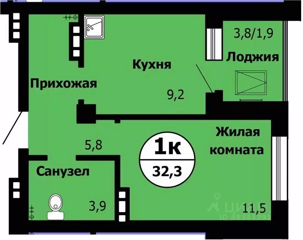 1-к кв. Красноярский край, Красноярск Лесопарковая ул., 43 (32.4 м) - Фото 0