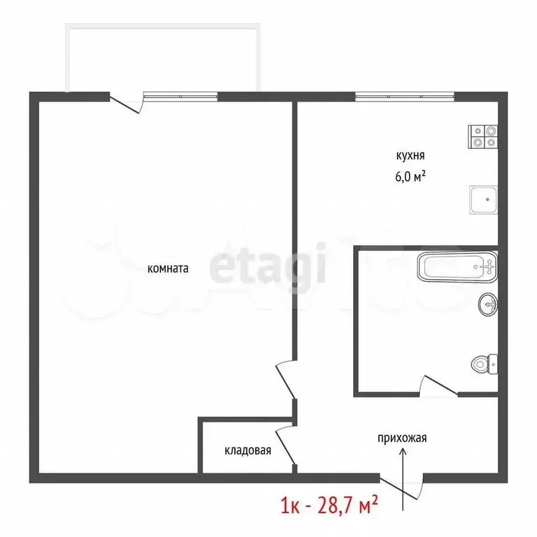 1-к. квартира, 28,7 м, 4/5 эт. - Фото 0