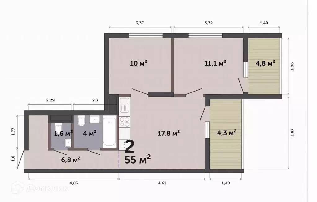 Продаётся 2-к квартира, 55 м - Фото 0