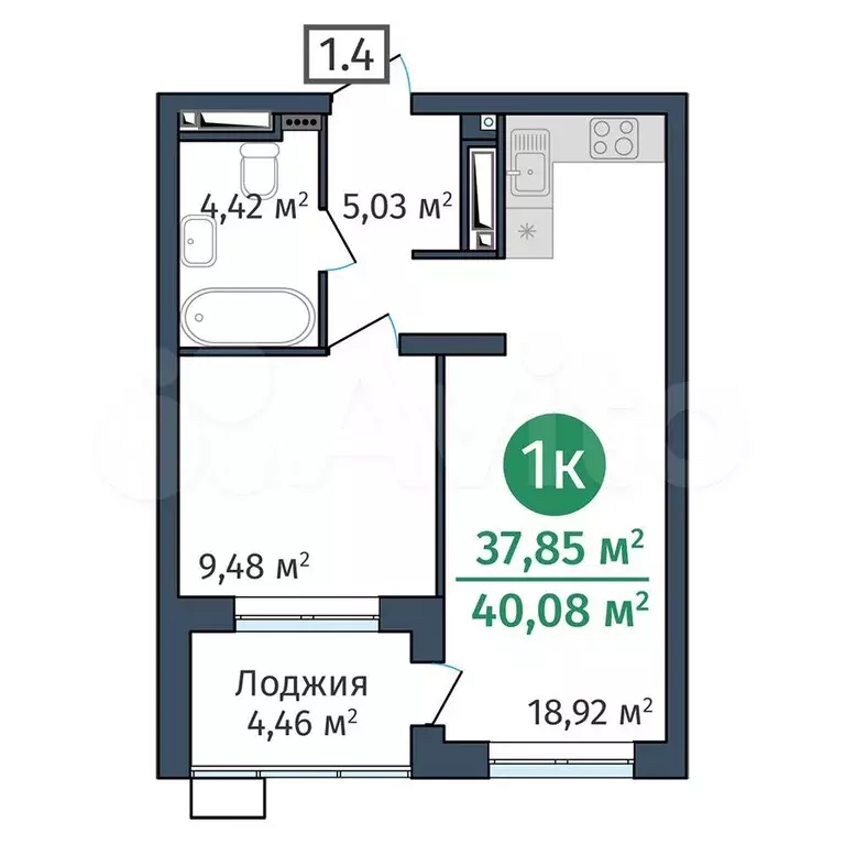 1-к. квартира, 37,9 м, 18/25 эт. - Фото 0