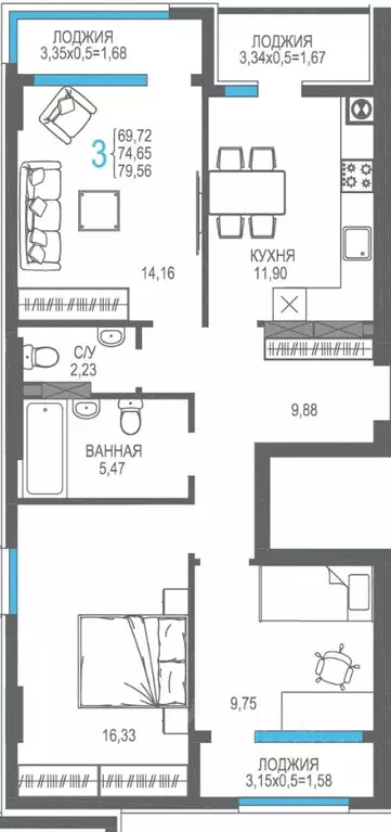3-к кв. Крым, Алушта На Фонтанке жилой комплекс (74.65 м) - Фото 1