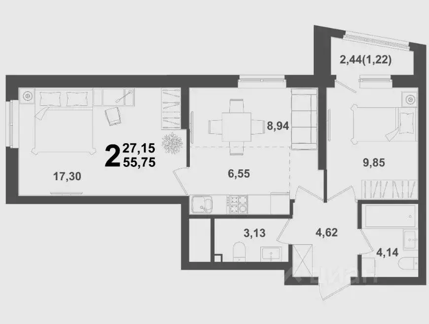 2-к кв. Башкортостан, Уфа Глумилино жилрайон, Холмогоры жилой комплекс ... - Фото 1