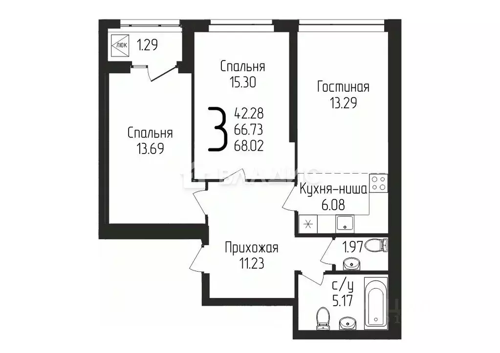 3-к кв. Башкортостан, Уфа ул. Бородинская, 19 (68.02 м) - Фото 1