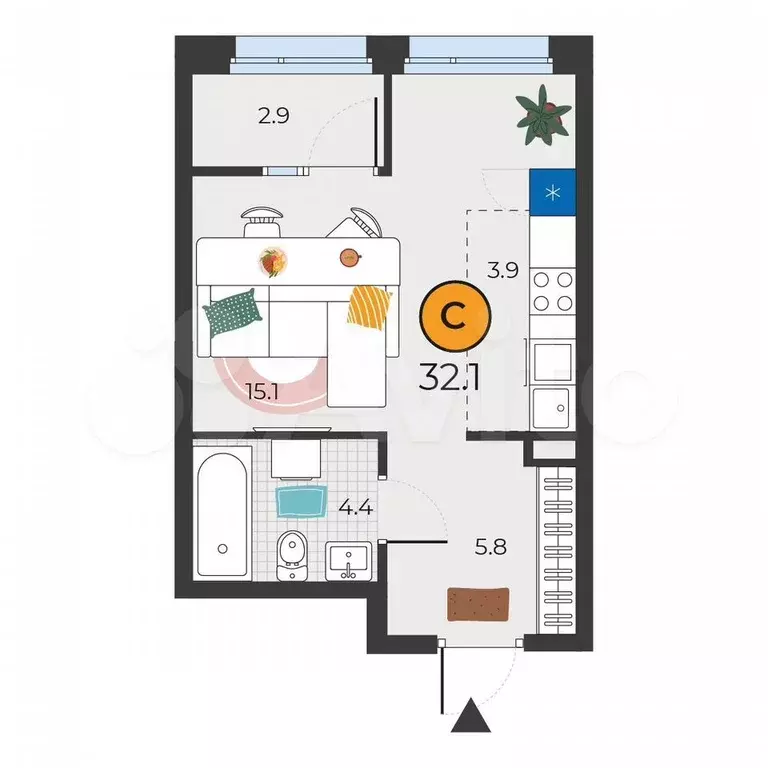 Квартира-студия, 32,1 м, 9/25 эт. - Фото 0