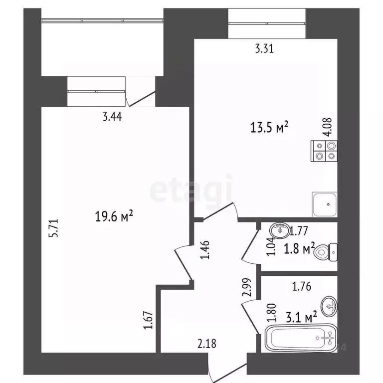 1-к кв. Вологодская область, Череповец ул. Раахе, 56к1 (42.3 м) - Фото 2