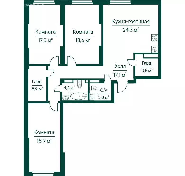 3-комнатная квартира: Самара, жилой комплекс Грин Ривер (114.21 м) - Фото 1