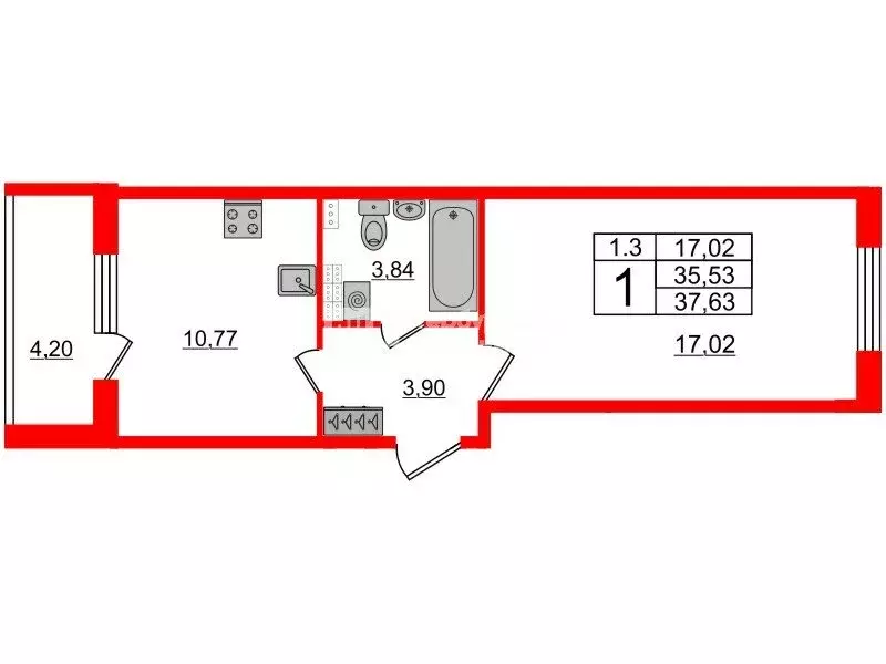 1-комнатная квартира: Санкт-Петербург, Пулковское шоссе, 95к4 (37.63 ... - Фото 1