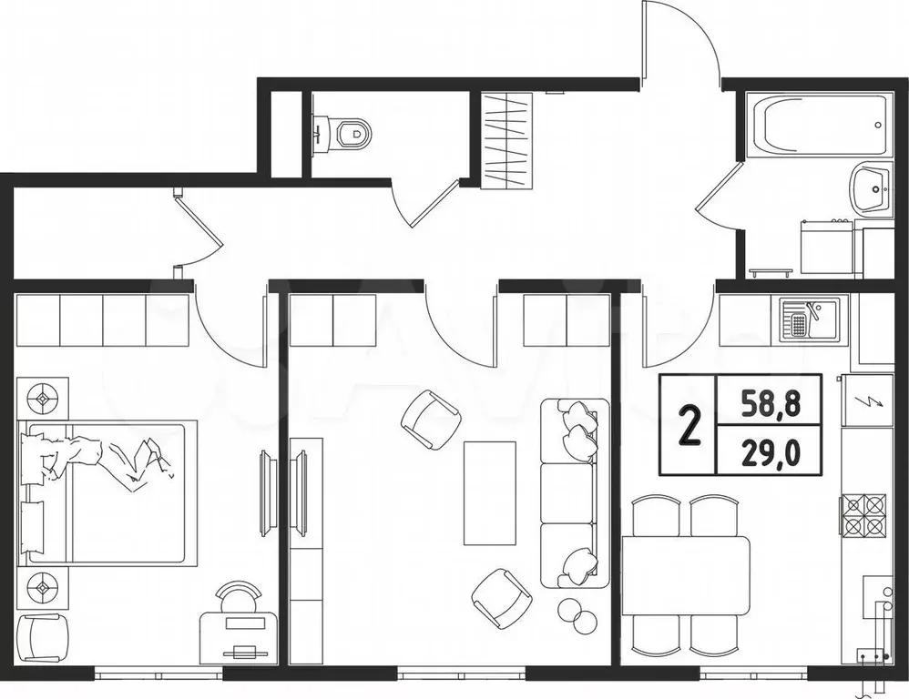 2-к. квартира, 58,5 м, 2/3 эт. - Фото 0