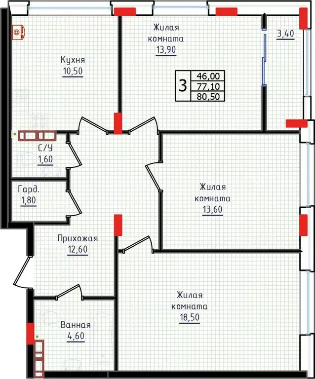 3-к кв. Ставропольский край, Ставрополь ул. Якова Андрюшина, 6 (80.5 ... - Фото 1
