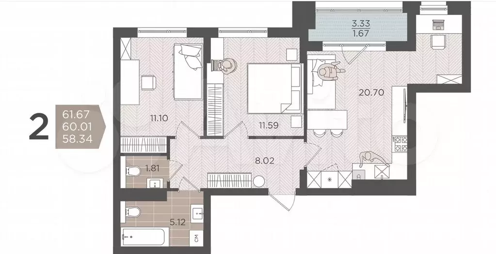 2-к. квартира, 60 м, 2/9 эт. - Фото 1