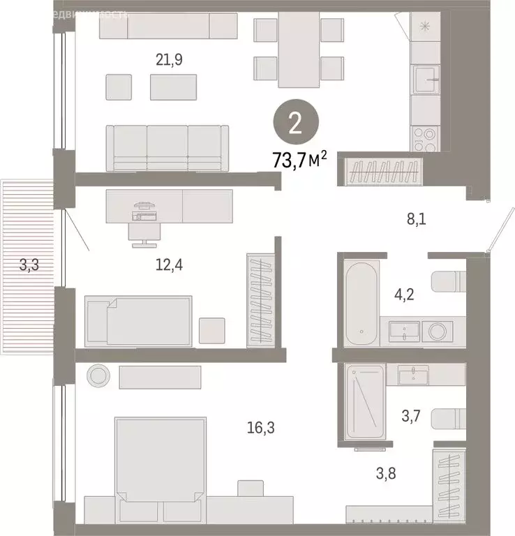 2-комнатная квартира: Новосибирск, Большевистская улица, с49 (73.67 м) - Фото 1