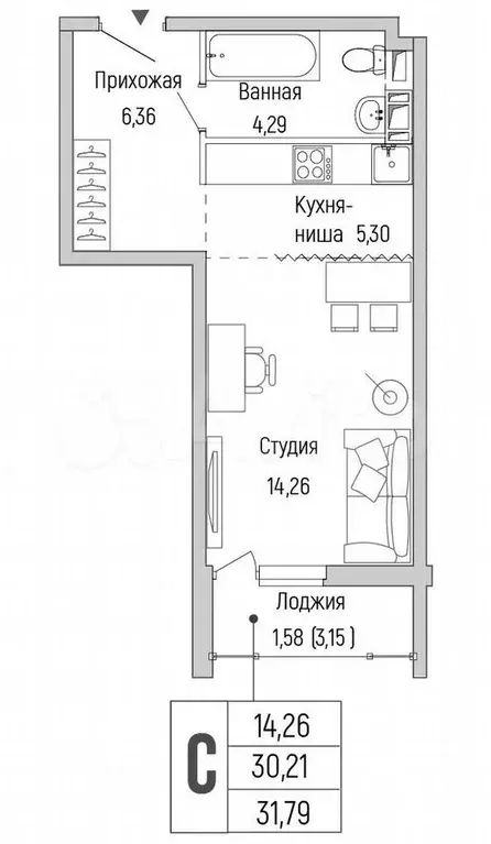 Квартира-студия, 31,8 м, 5/9 эт. - Фото 0