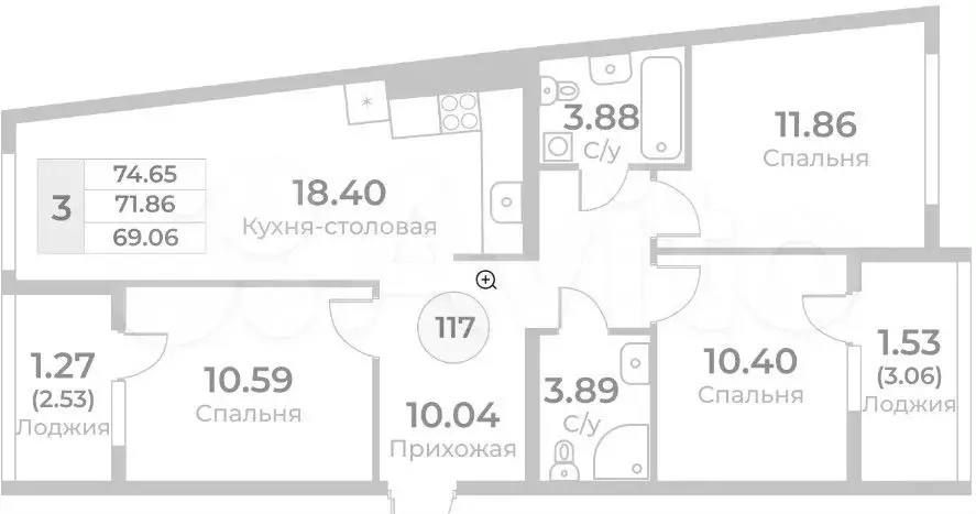 3-к. квартира, 71,9 м, 3/9 эт. - Фото 1