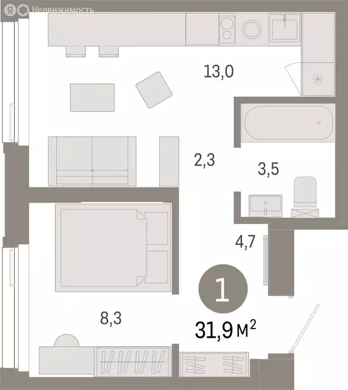 1-комнатная квартира: Тюмень, жилой комплекс Зарека (31.87 м) - Фото 1