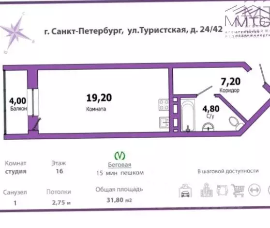 Студия Санкт-Петербург Туристская ул., 24/42 (31.8 м) - Фото 1