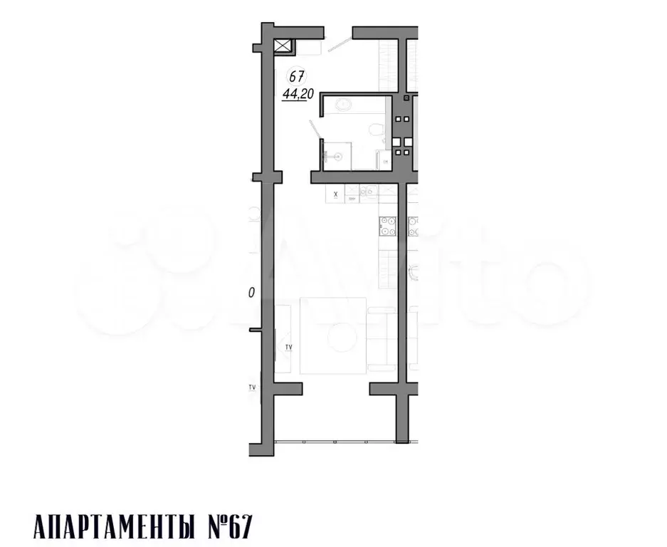 Апартаменты-студия, 44 м, 4/5 эт. - Фото 1