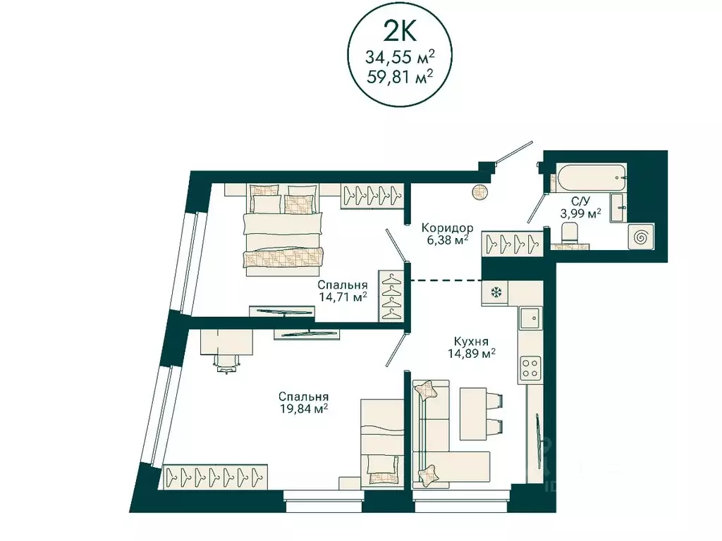 2-к кв. Башкортостан, Уфа Сердце Уфы жилой комплекс (59.79 м) - Фото 2
