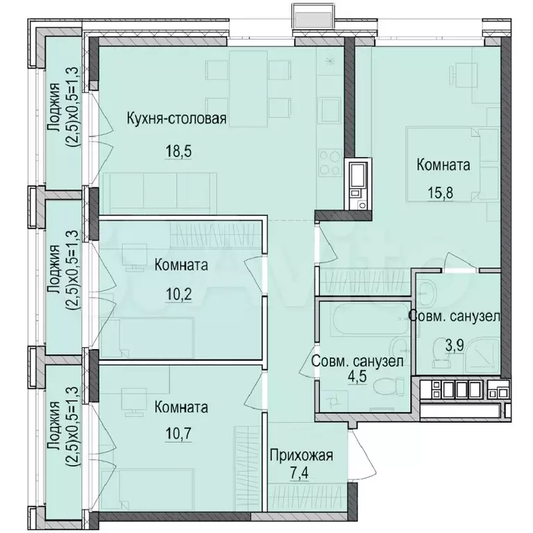 3-к. квартира, 71 м, 3/18 эт. - Фото 0