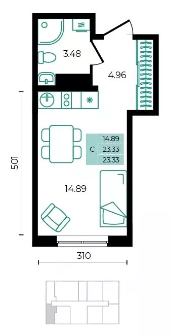 Студия Адыгея, Майкопский район, пос. Тульский ул. Заречная (23.33 м) - Фото 1