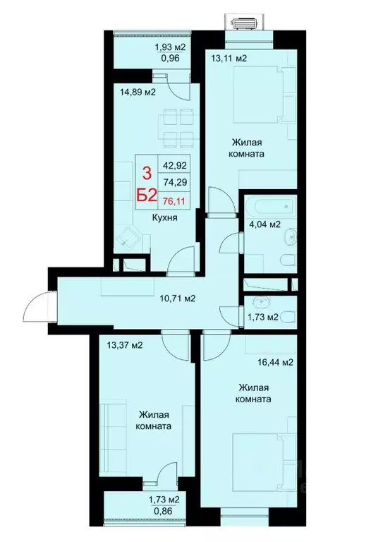 3-к кв. Татарстан, Казань ул. Рауиса Гареева, 78Б (76.11 м) - Фото 0