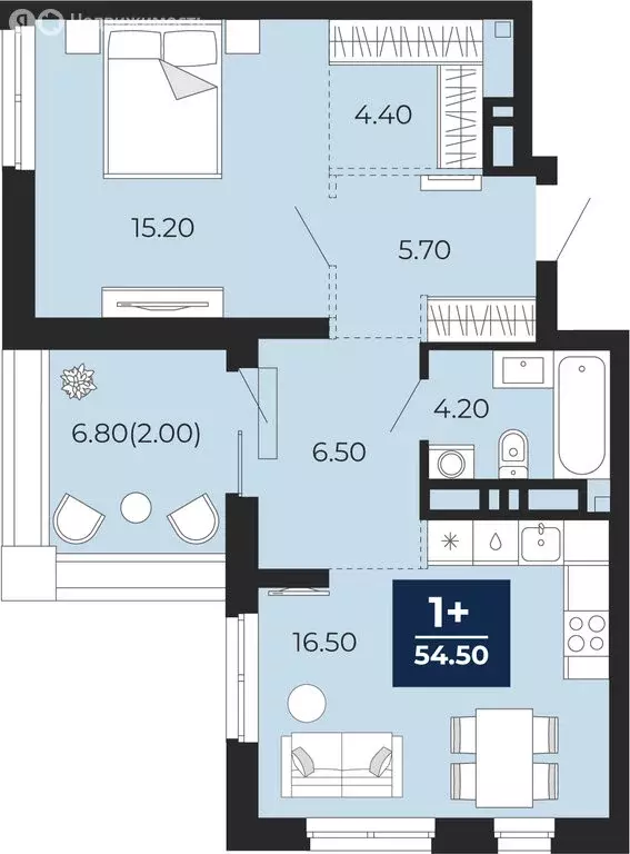 1-комнатная квартира: Тюмень, улица Пожарных и Спасателей, 5 (54.5 м) - Фото 1
