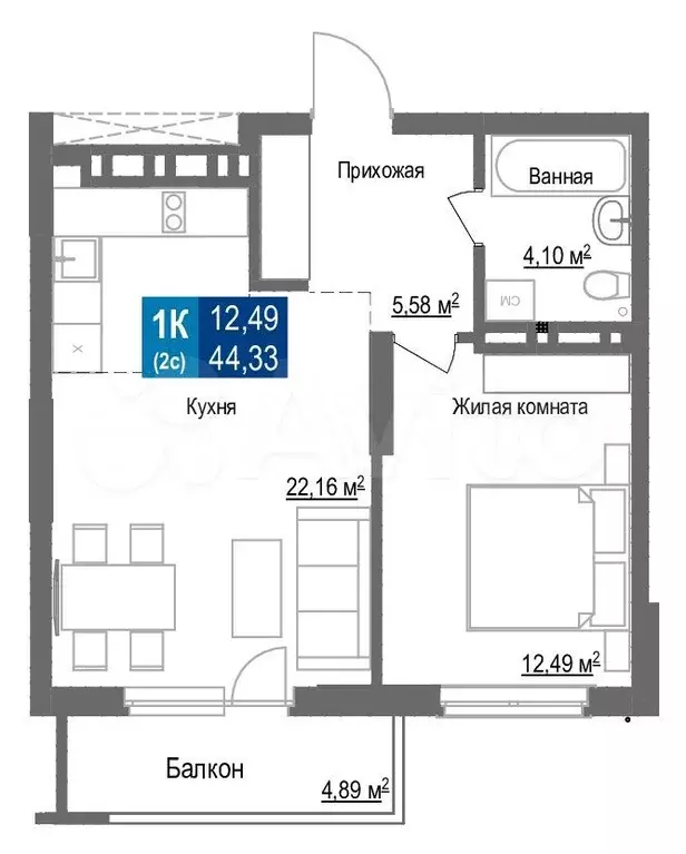 1-к. квартира, 44,3м, 15/25эт. - Фото 0