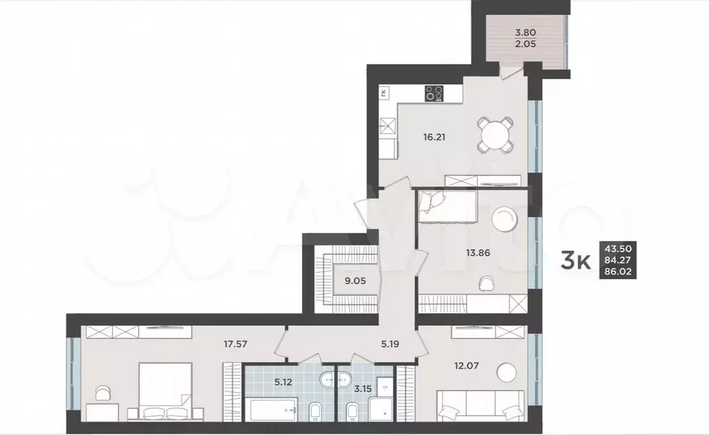 3-к. квартира, 84,5 м, 2/9 эт. - Фото 1