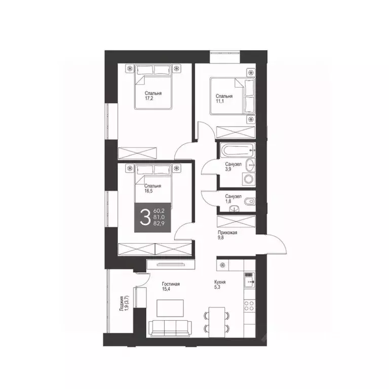 3-к кв. Татарстан, Альметьевск ул. Гафиатуллина, 60 (82.9 м) - Фото 1