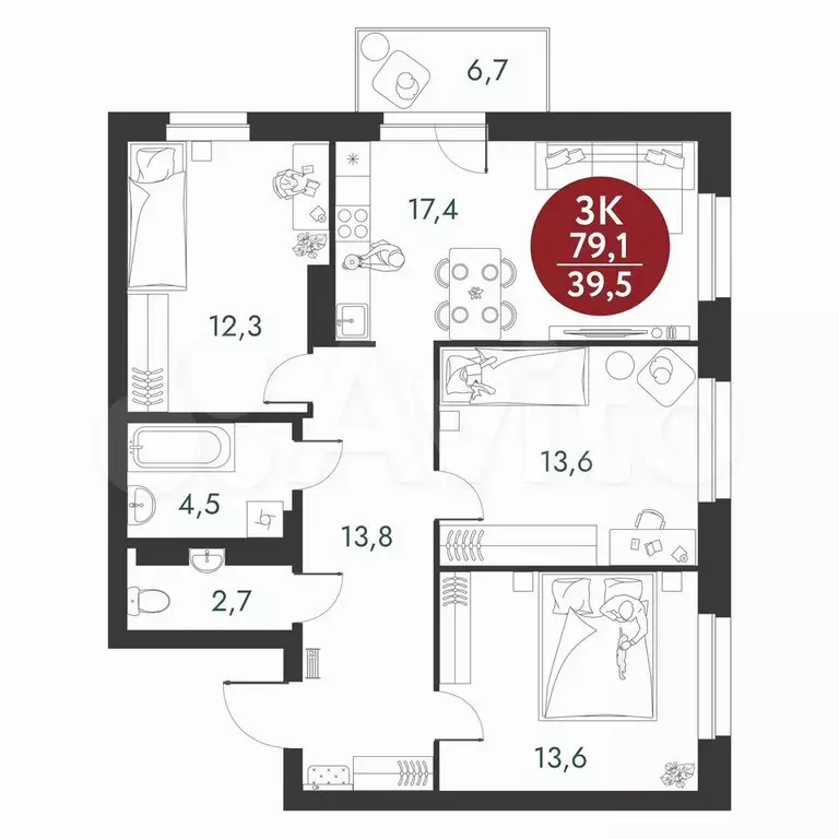 3-к. квартира, 79,1 м, 8/10 эт. - Фото 0