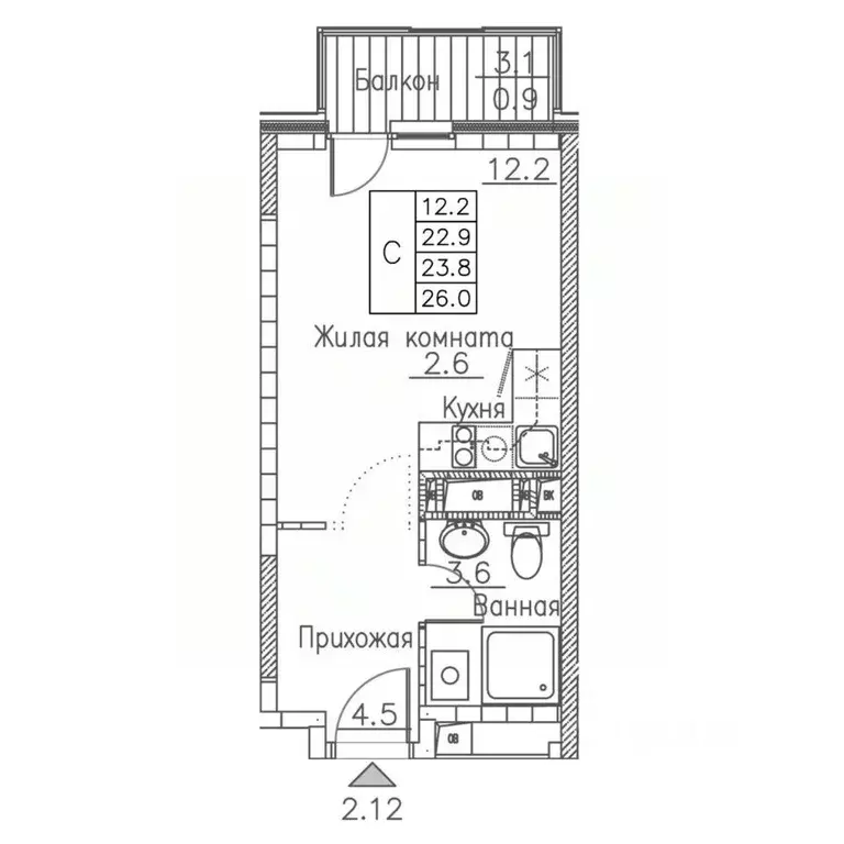 1-к кв. Приморский край, Владивосток ул. Расула Гамзатова, 7к1 (26.0 ... - Фото 1