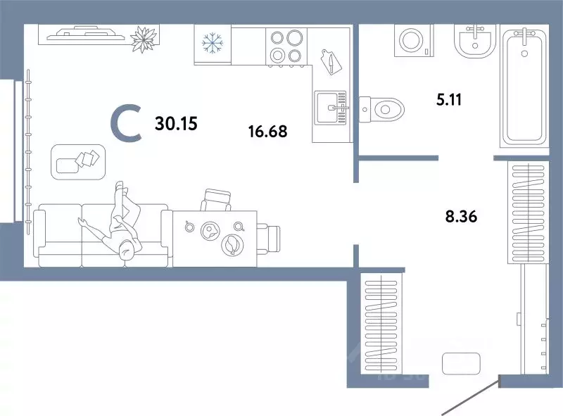 Студия Свердловская область, Екатеринбург ул. Шефская, 22А (30.15 м) - Фото 1