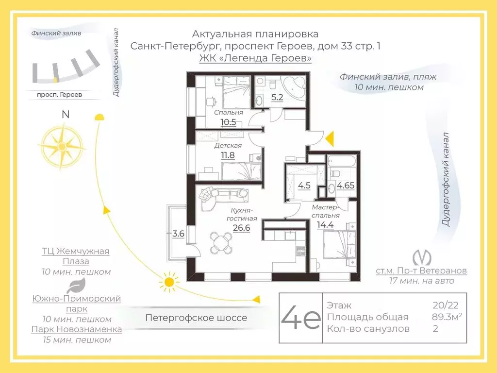 3-к кв. Санкт-Петербург просп. Героев, 33 (89.3 м) - Фото 2
