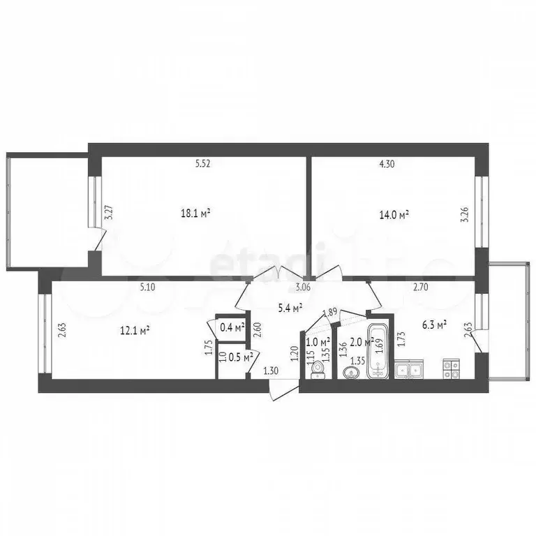 3-к. квартира, 59,9 м, 4/5 эт. - Фото 0