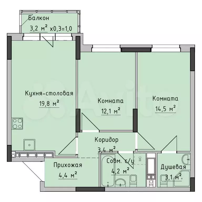 2-к. квартира, 61,5 м, 15/18 эт. - Фото 0