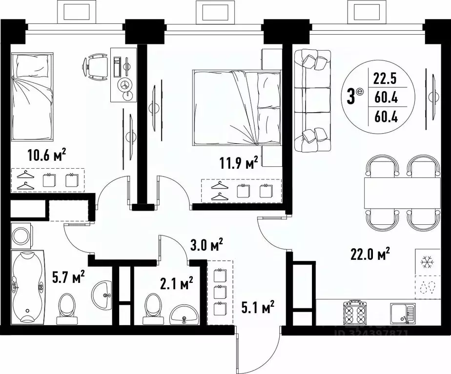 3-к кв. Астраханская область, Астрахань ул. Бэра, 29 (60.4 м) - Фото 1