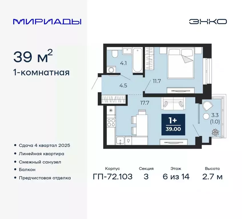 1-к кв. Тюменская область, Тюмень Мириады жилой комплекс (39.0 м) - Фото 0